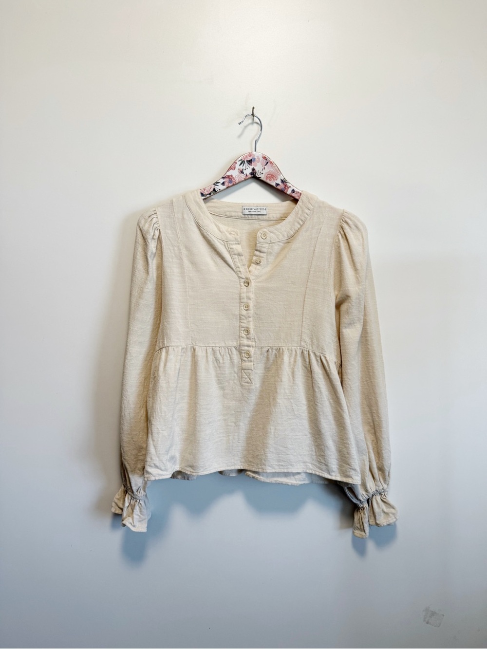 PAPER CRANE Ivory Cream Linen Cotton Babydoll Blouse Top Peasant S Small